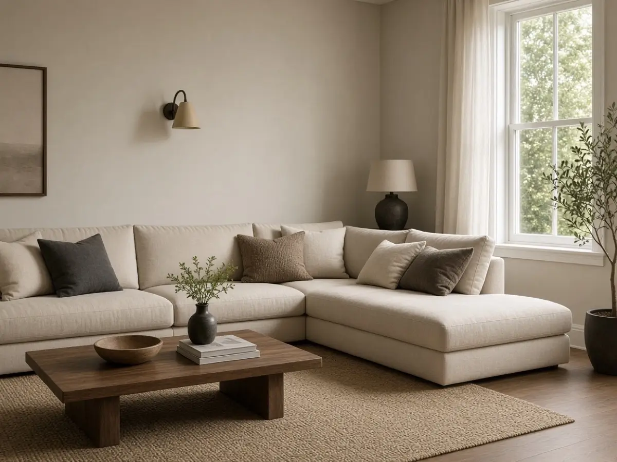 An L-shaped sofa tight against the wall with no wasted gap behind it
