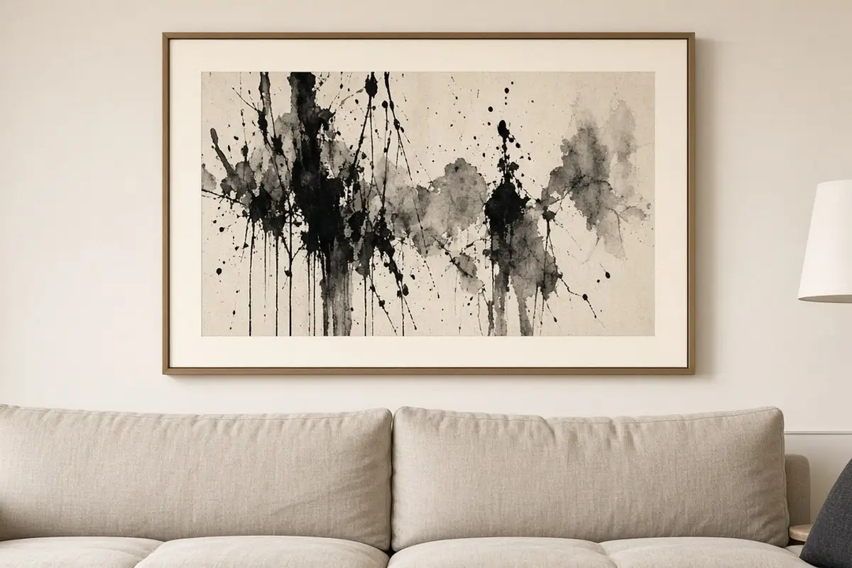 Large black ink artwork in a cream mat above a beige sofa
