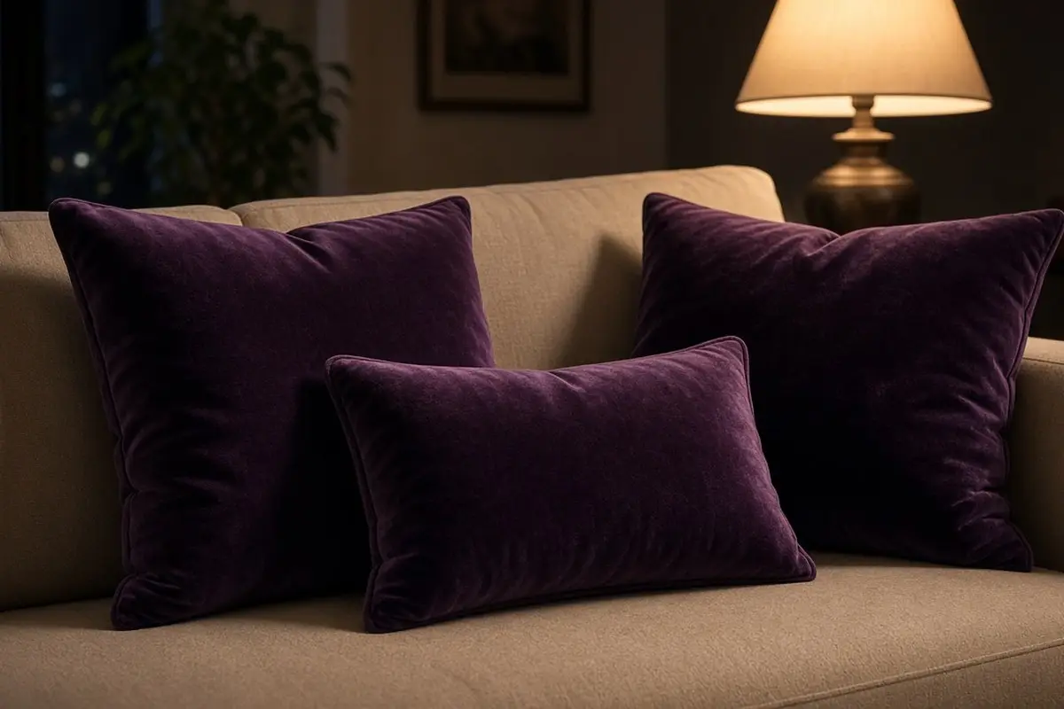 Aubergine velvet pillows on a beige sofa at night