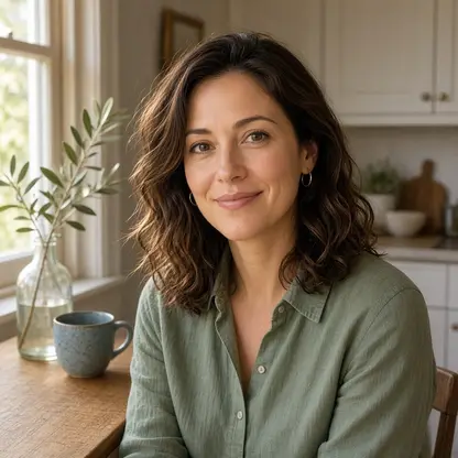 Clara Bennett in a sage linen shirt at a kitchen table by the window