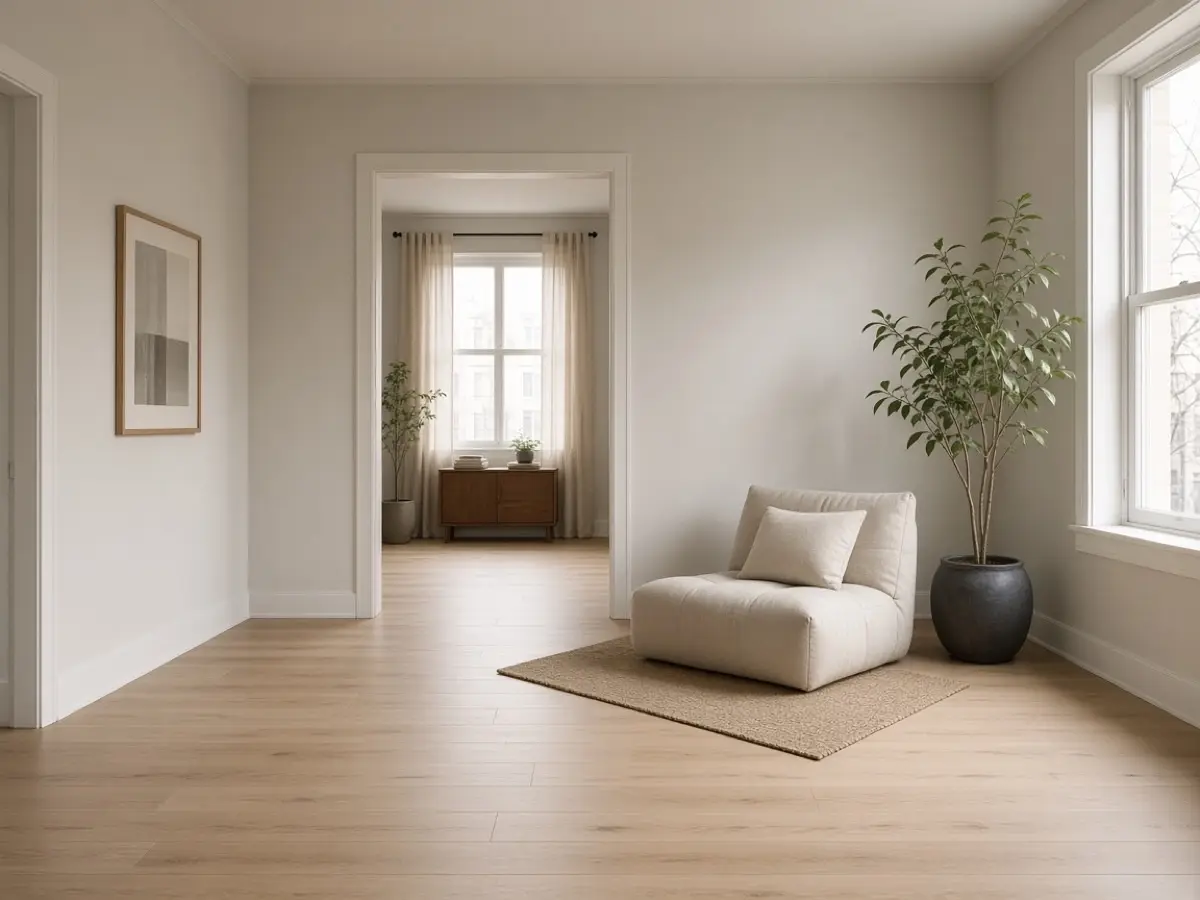 Bare wood floor with one small rug under a low seat