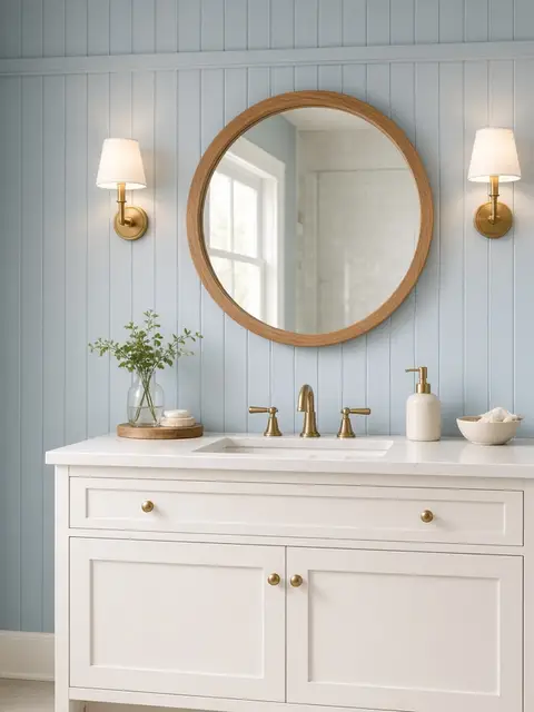 A small bathroom with a white vanity, a round mirror, and warm sconces