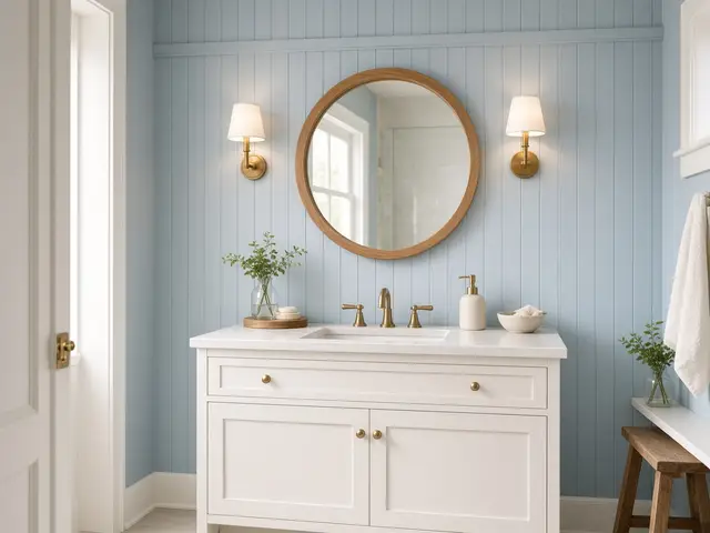 A small bathroom with a white vanity, a round mirror, and warm sconces