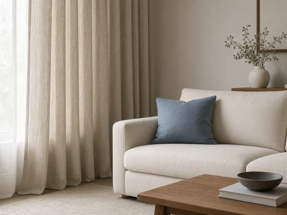 Beige linen curtains beside a sofa that has the only blue in the room