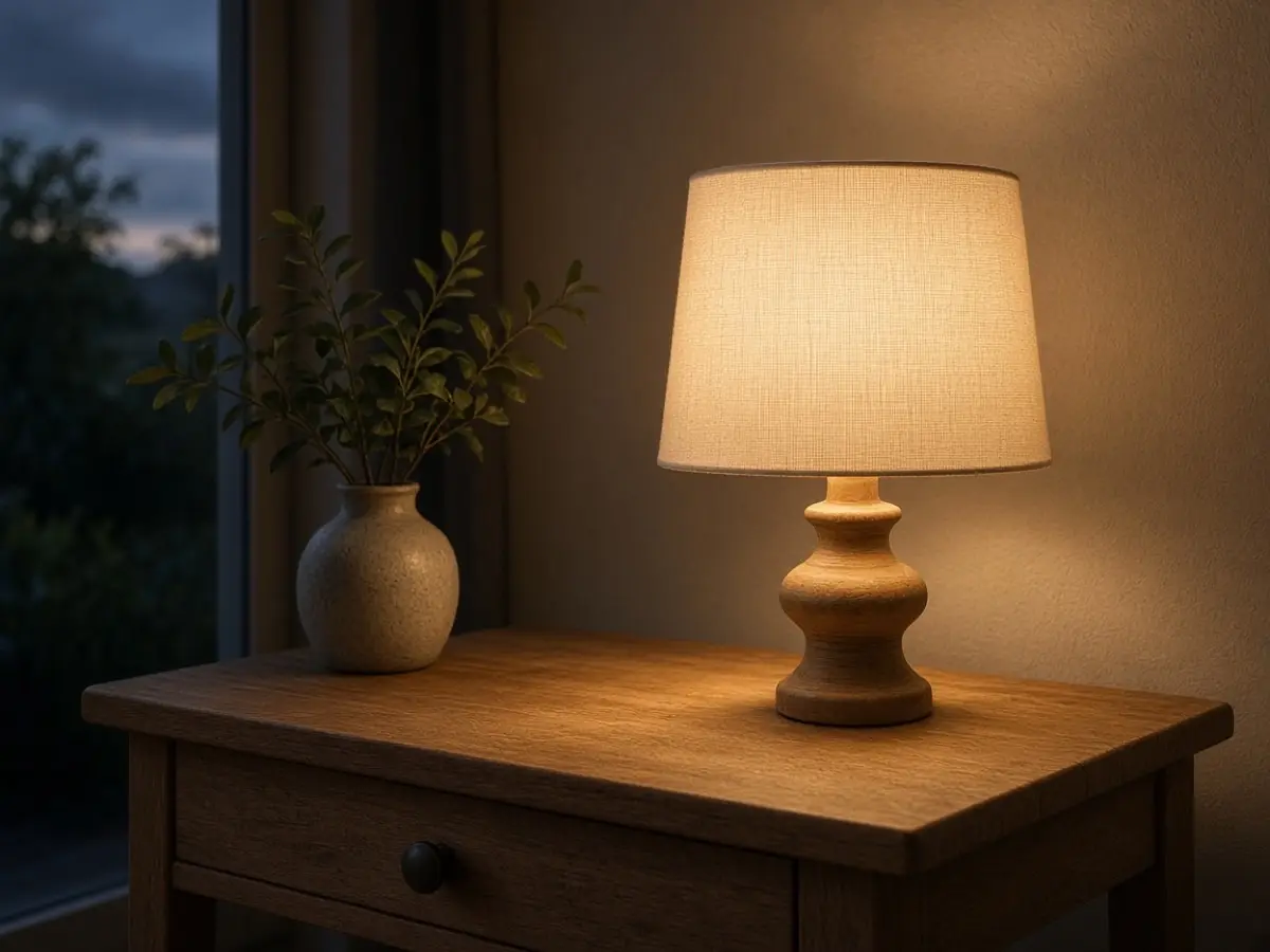 A beige linen lampshade glowing on a wood side table