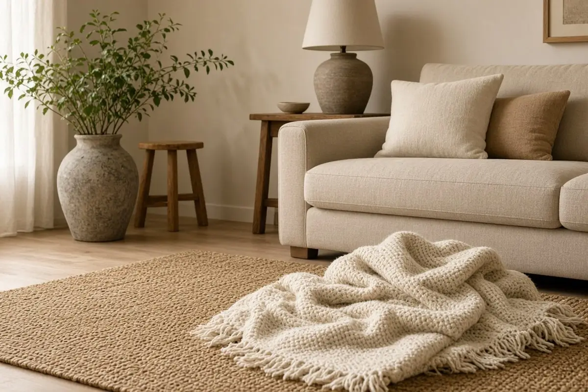 Jute rug and wool throw adding texture to a beige living room