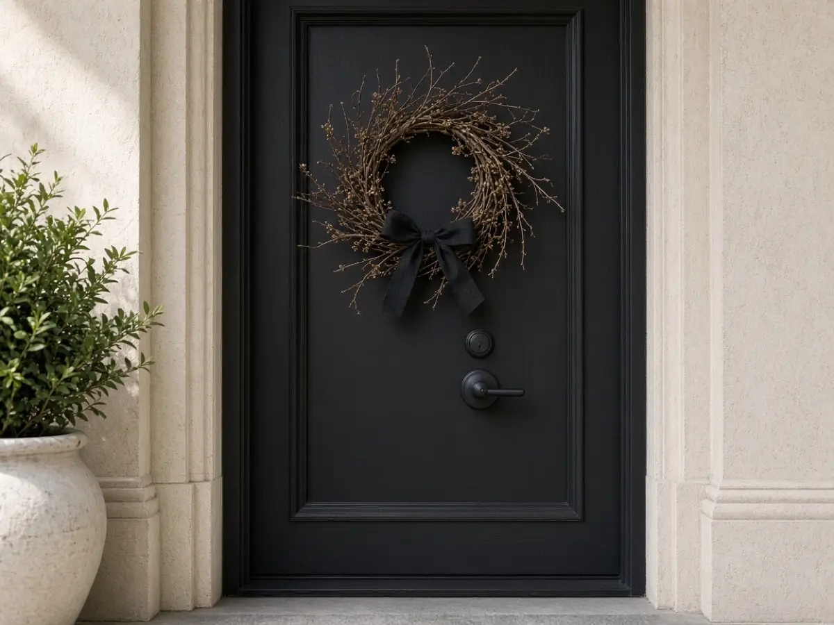 A black cotton ribbon tied on a simple branch wreath on a front door