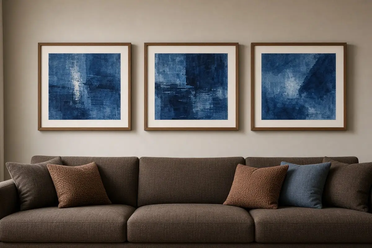 Indigo prints in walnut frames above a brown sofa