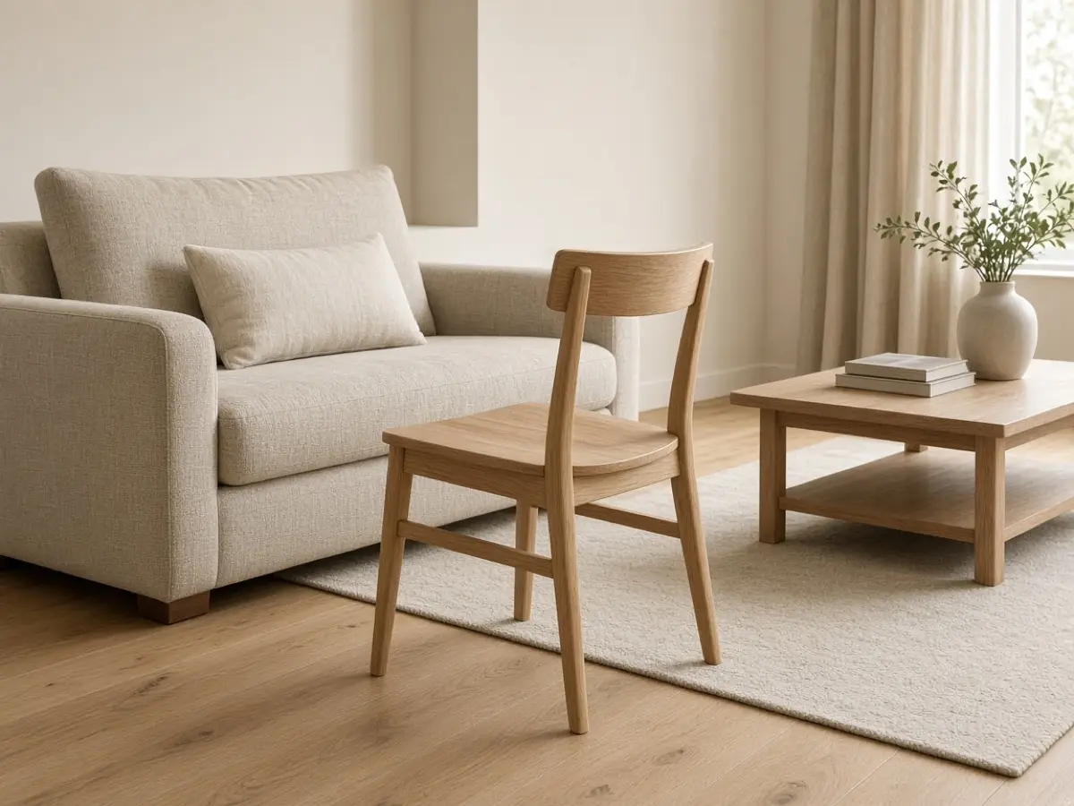 A simple wood dining chair pulled up at a right angle to an oatmeal sofa