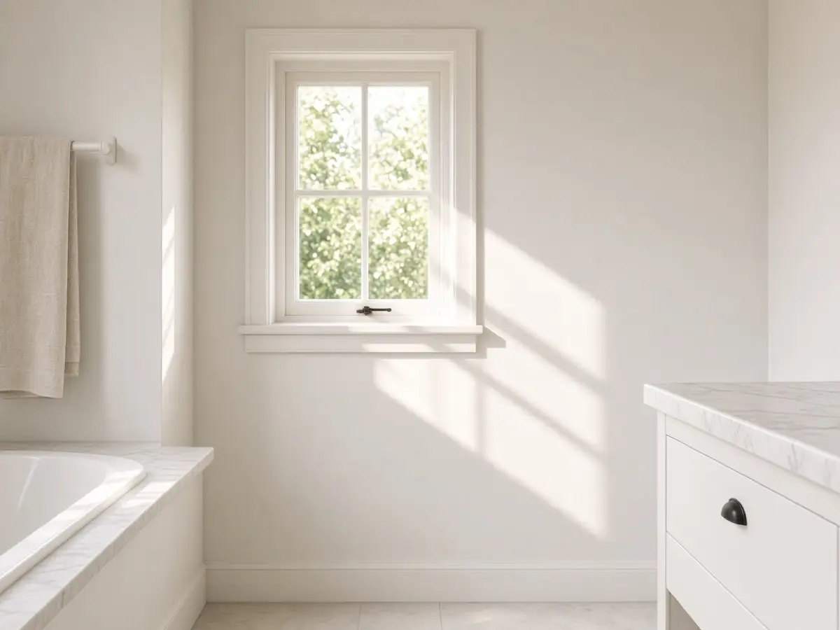 The wall opposite a bathroom window painted a pale warm white that bounces daylight