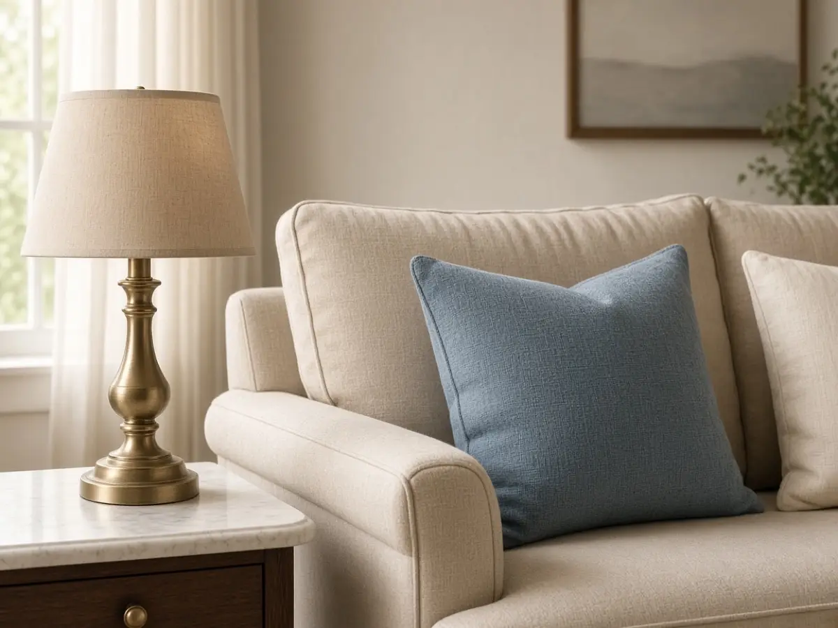 A brass lamp beside a beige sofa and a dusty blue pillow