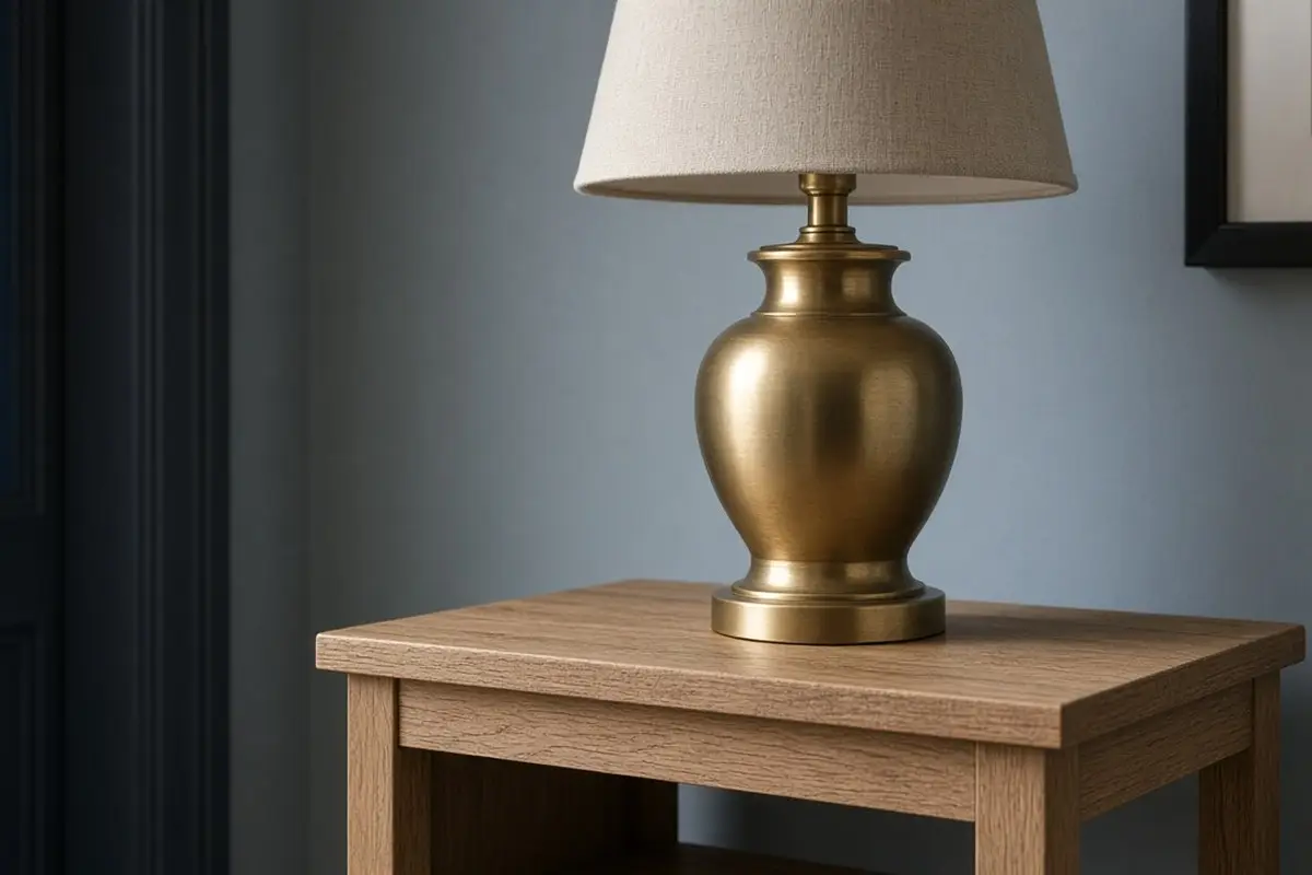 Brass lamp base on an oak side table against blue gray walls