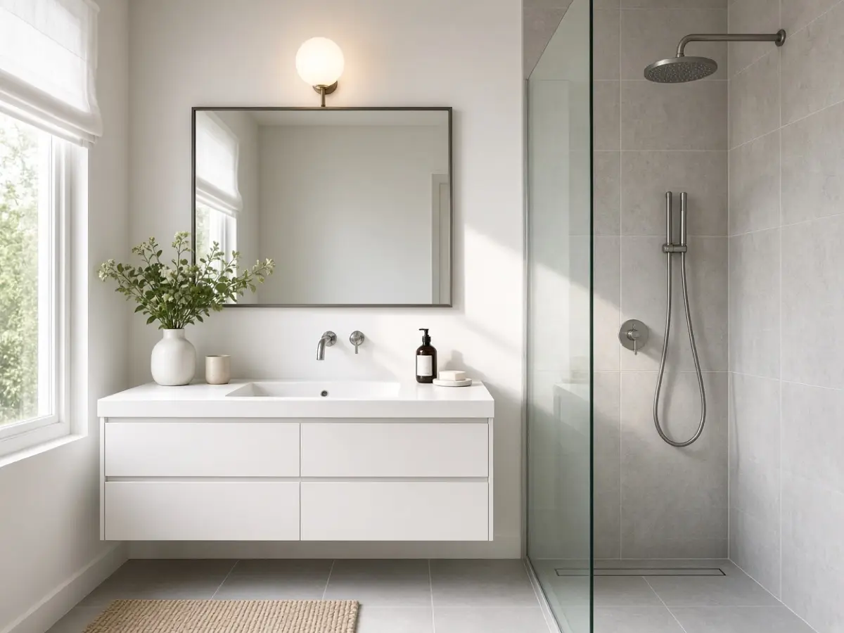 A white vanity globe glowing bright and warm above a clear bathroom sink