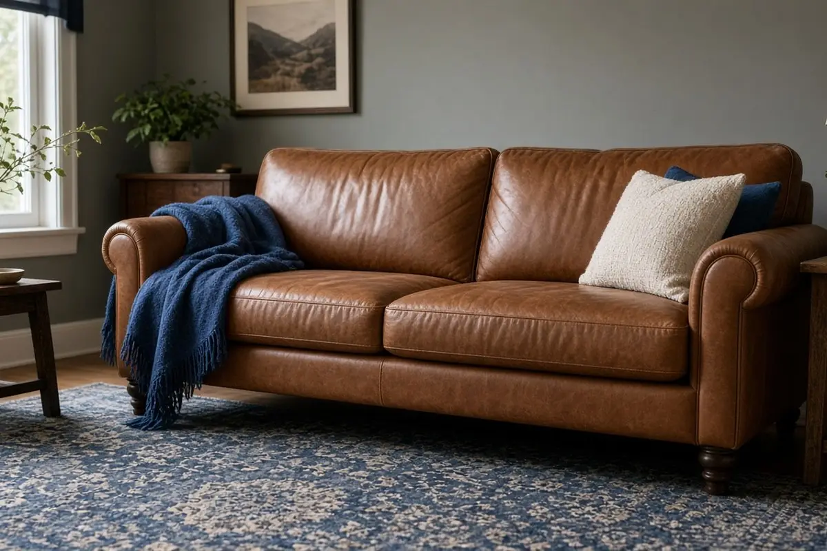 Brown sofa on a patterned blue rug in soft north light