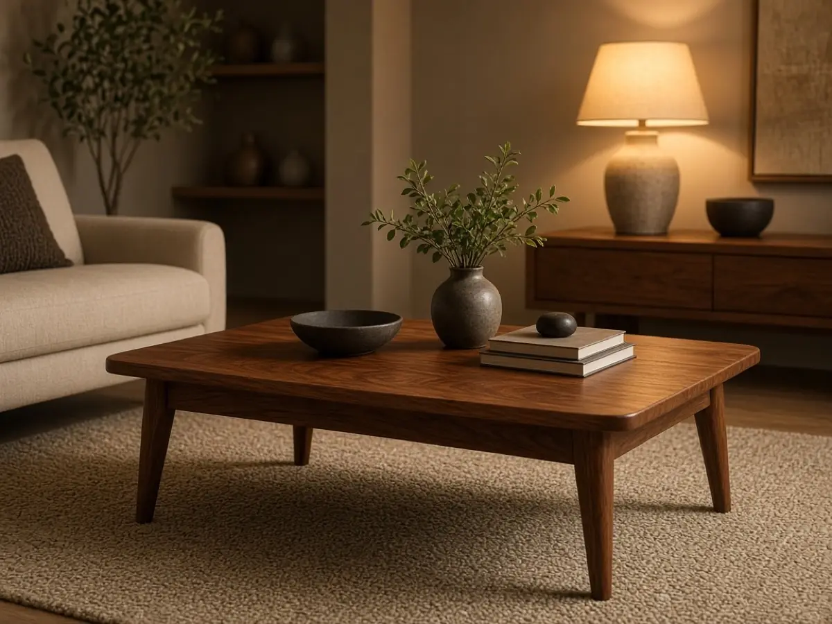 A walnut coffee table catching warm lamp light on a beige rug
