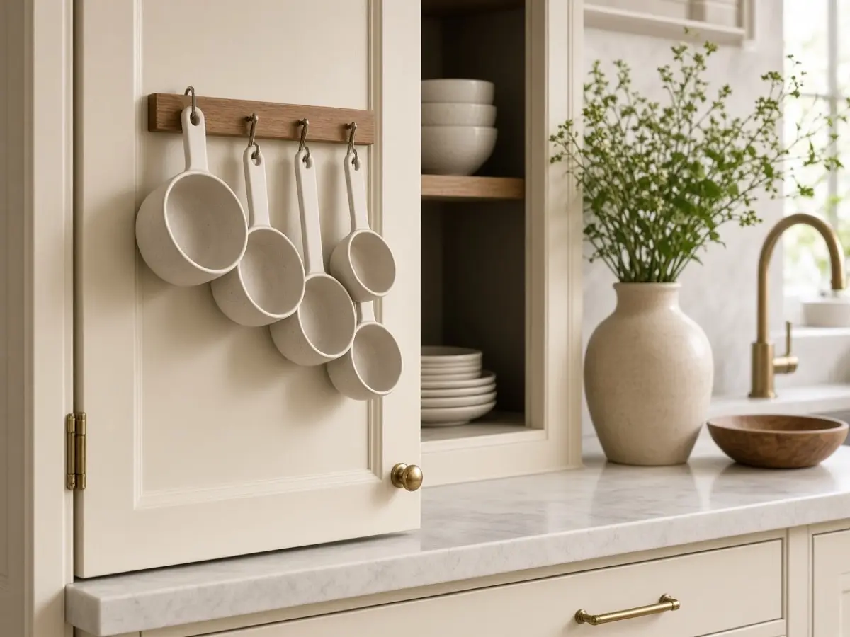 Measuring cups hanging on the inside of a kitchen cabinet door