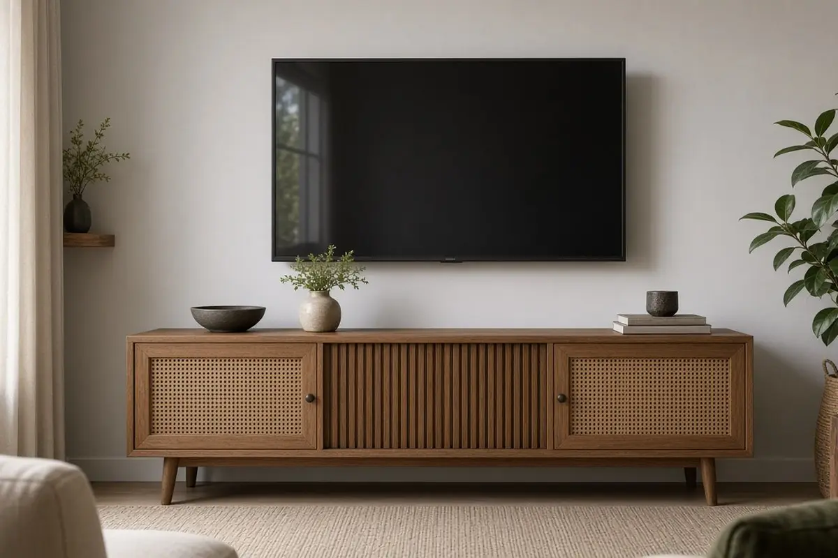 Media console with cane doors hiding a streaming box