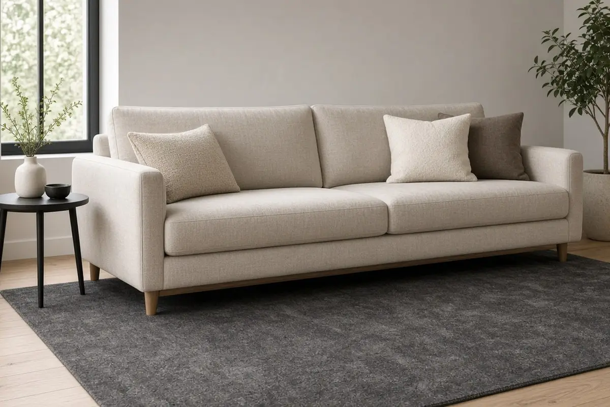 Charcoal rug grounding a beige sofa