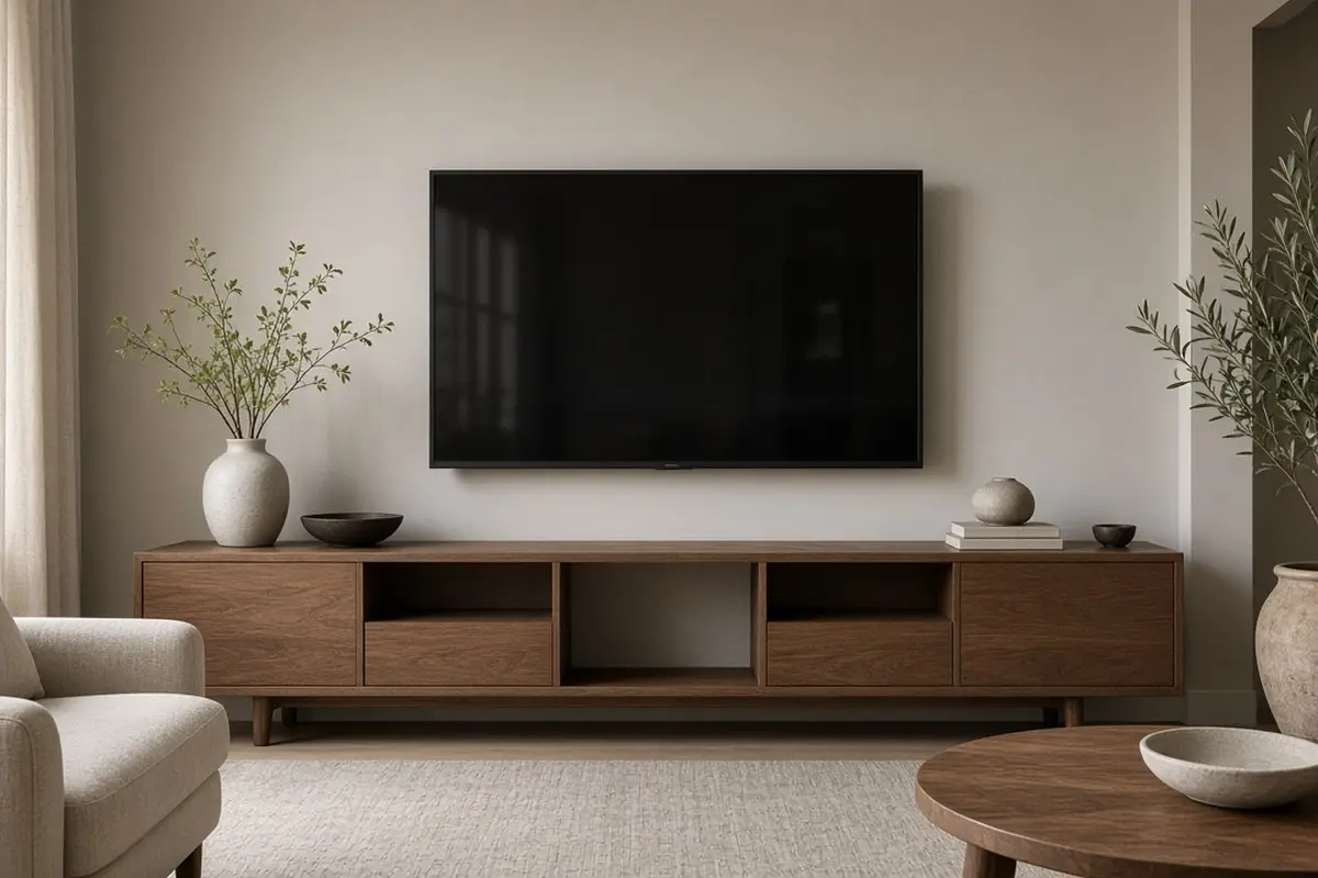 TV stand with a clear center and objects only at the ends