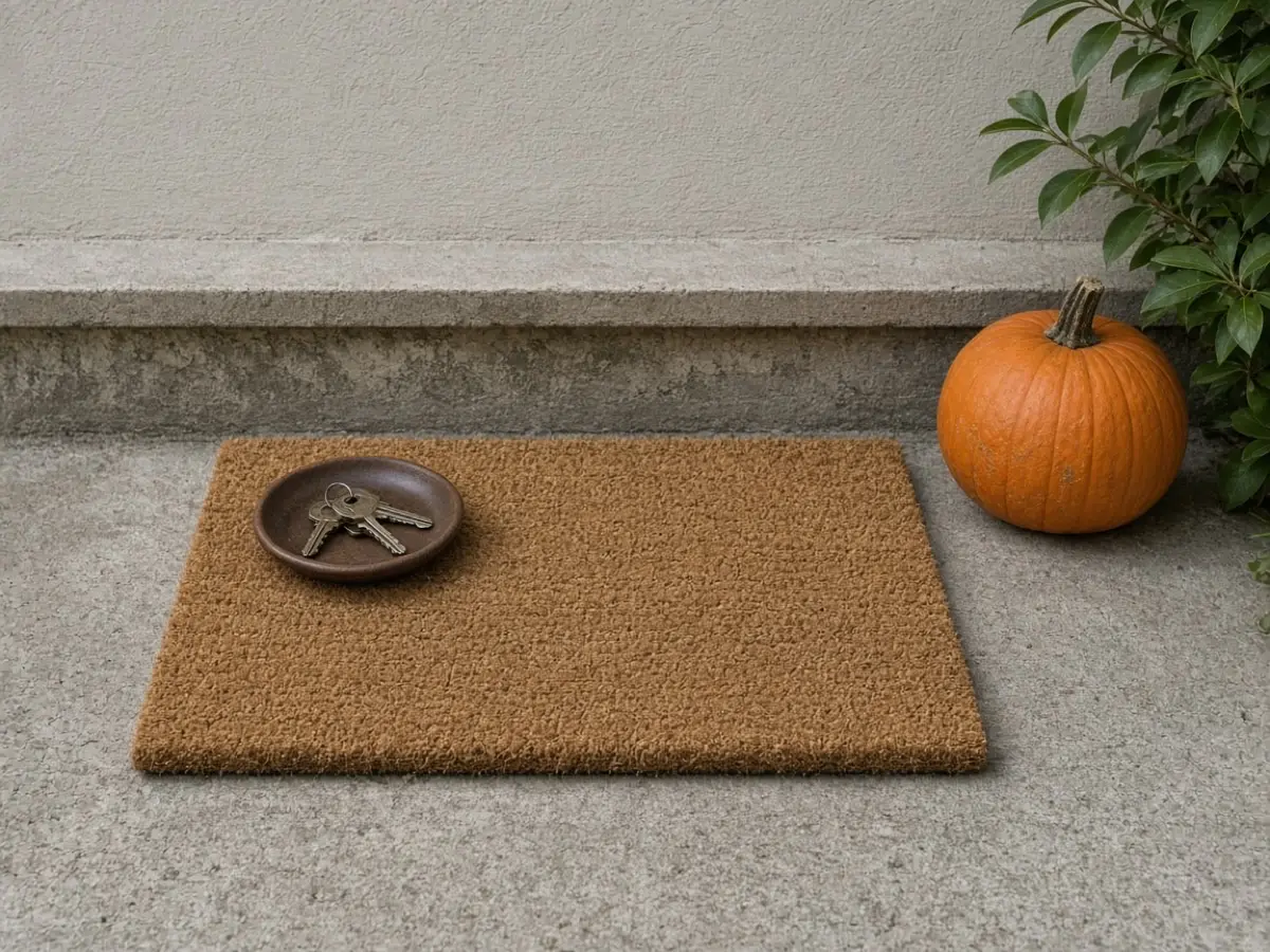 An entry with a plain mat, a key tray, and one pumpkin to the side