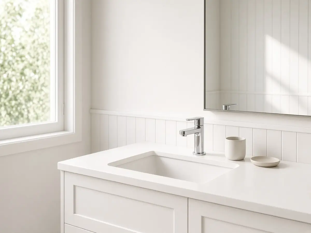 A small white vanity counter cleared to a faucet, one cup, and a tiny tray