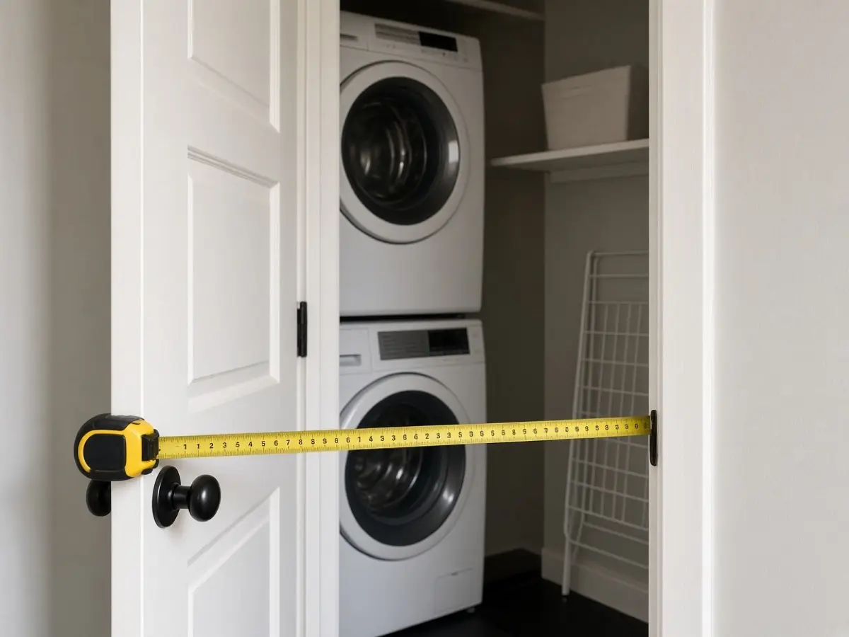 A tape measure across a narrow laundry opening with the door held open