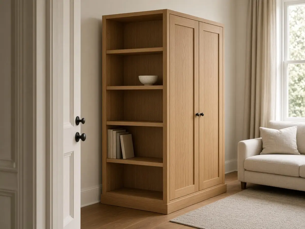 A bookcase with cabinet doors facing the doorway and a few books visible