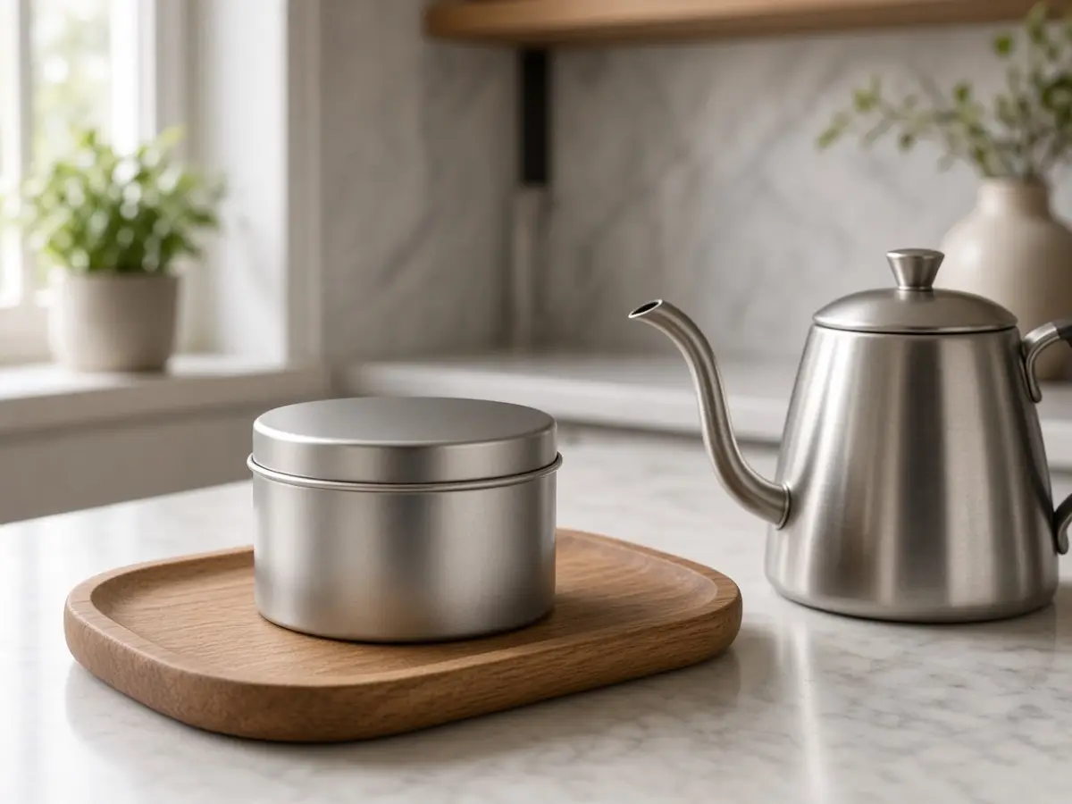 A closed metal tea tin on a small tray beside a kettle
