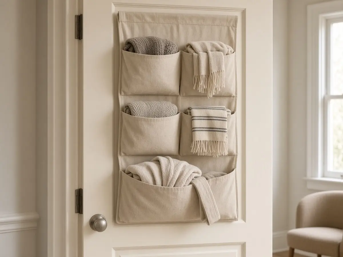 An over-door organizer on a closet door holding folded scarves and a light robe