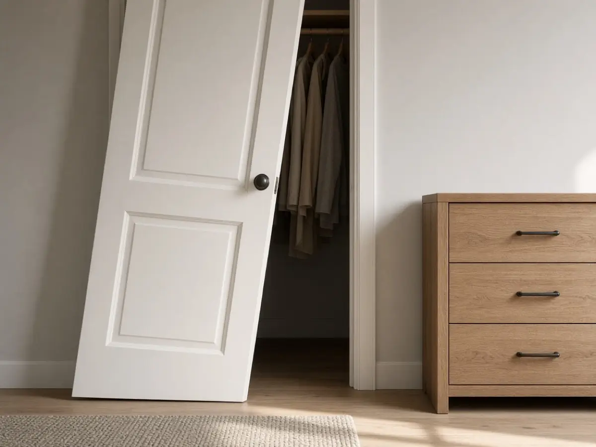 A closet door opened fully without hitting a dresser