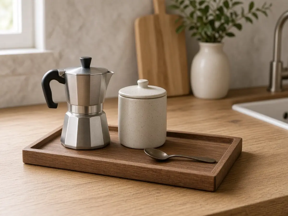 A wood tray holding a small coffee maker, a canister, and a spoon