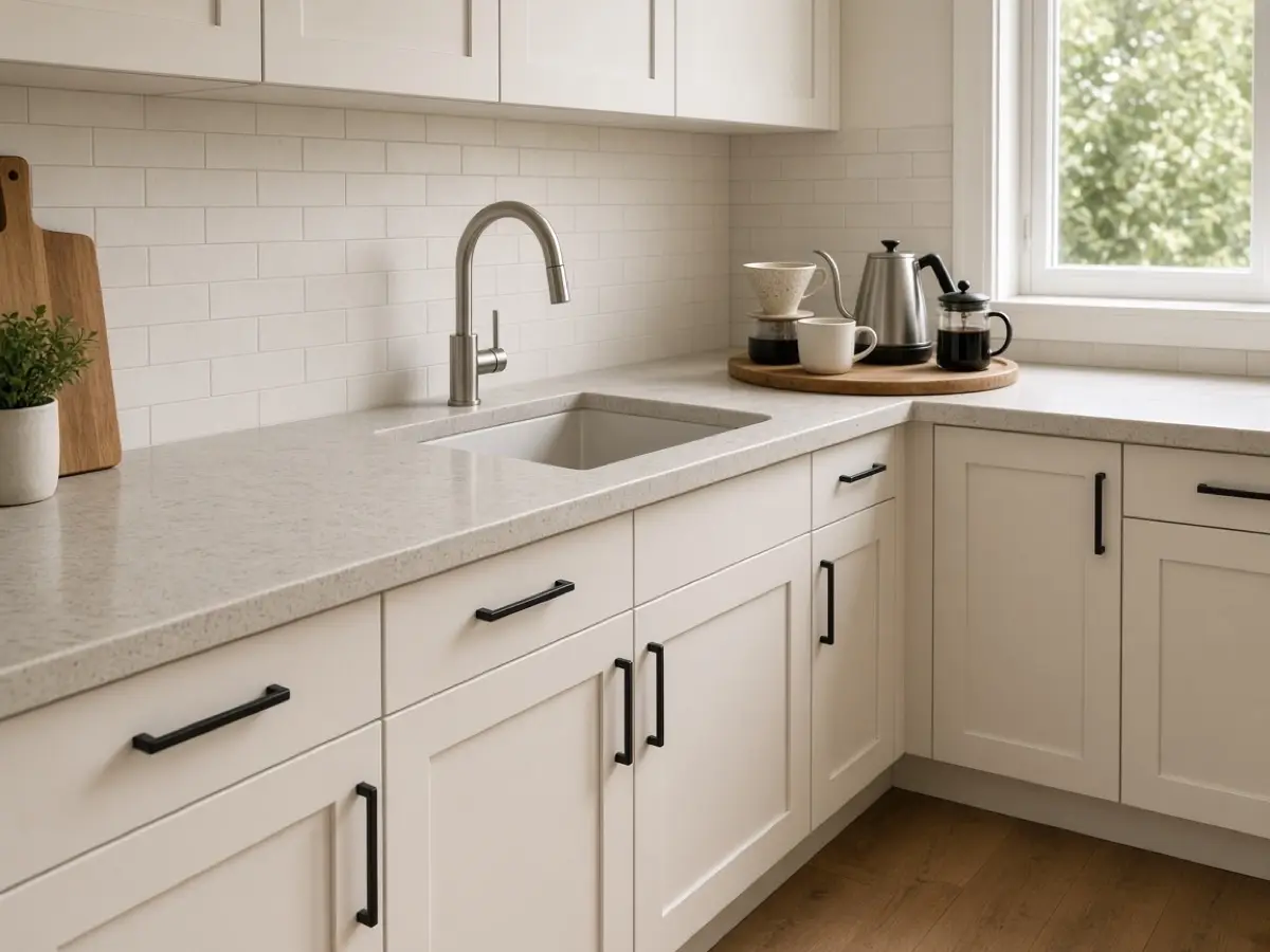 A coffee tray at the far end of a tiny kitchen, prep counter left clear