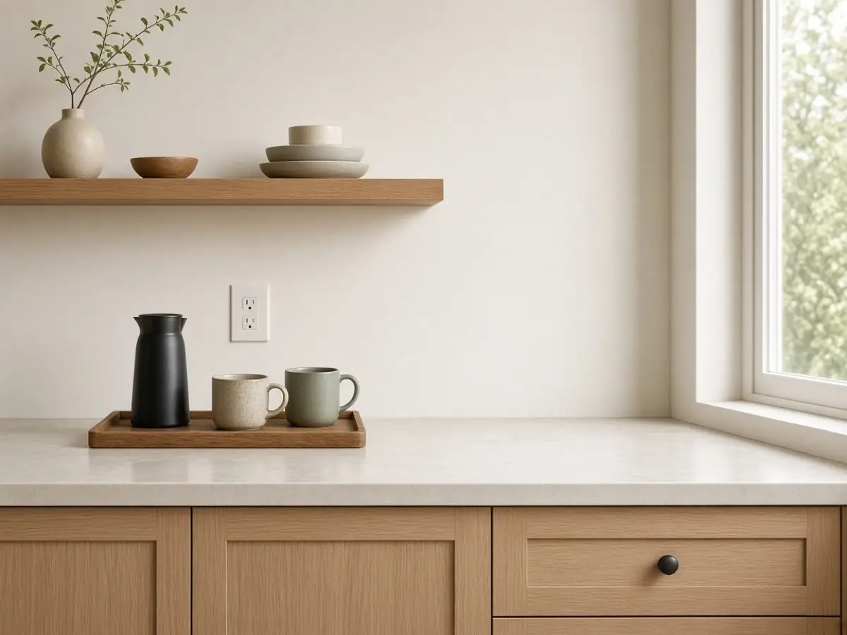 One small shelf above a coffee tray holding two mugs, with clear counter in front