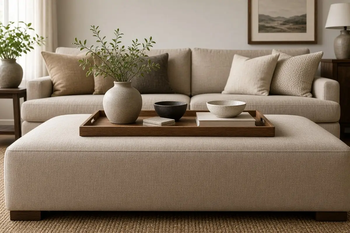 Large upholstered coffee table ottoman with a tray in front of a sofa