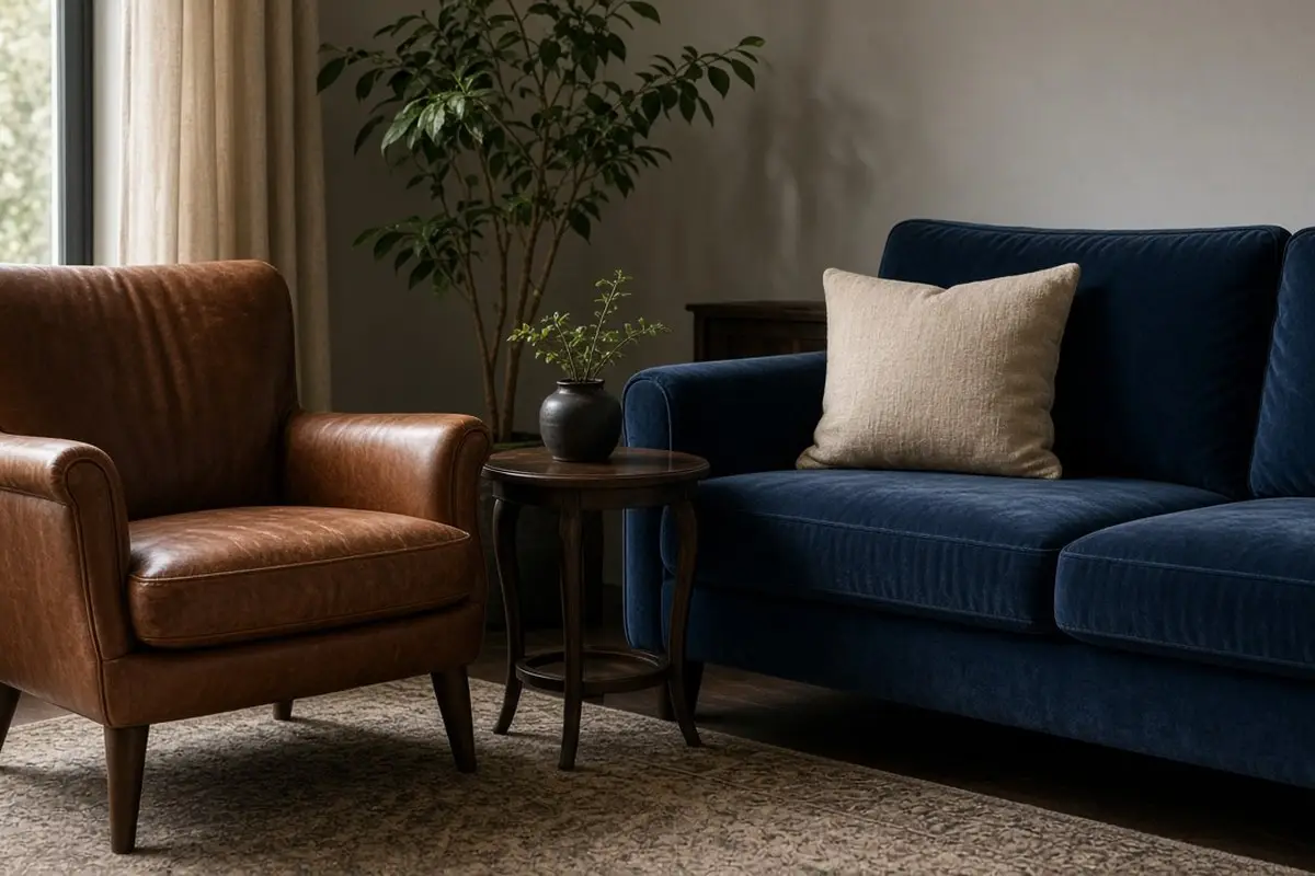 Cognac leather chair beside a navy sofa