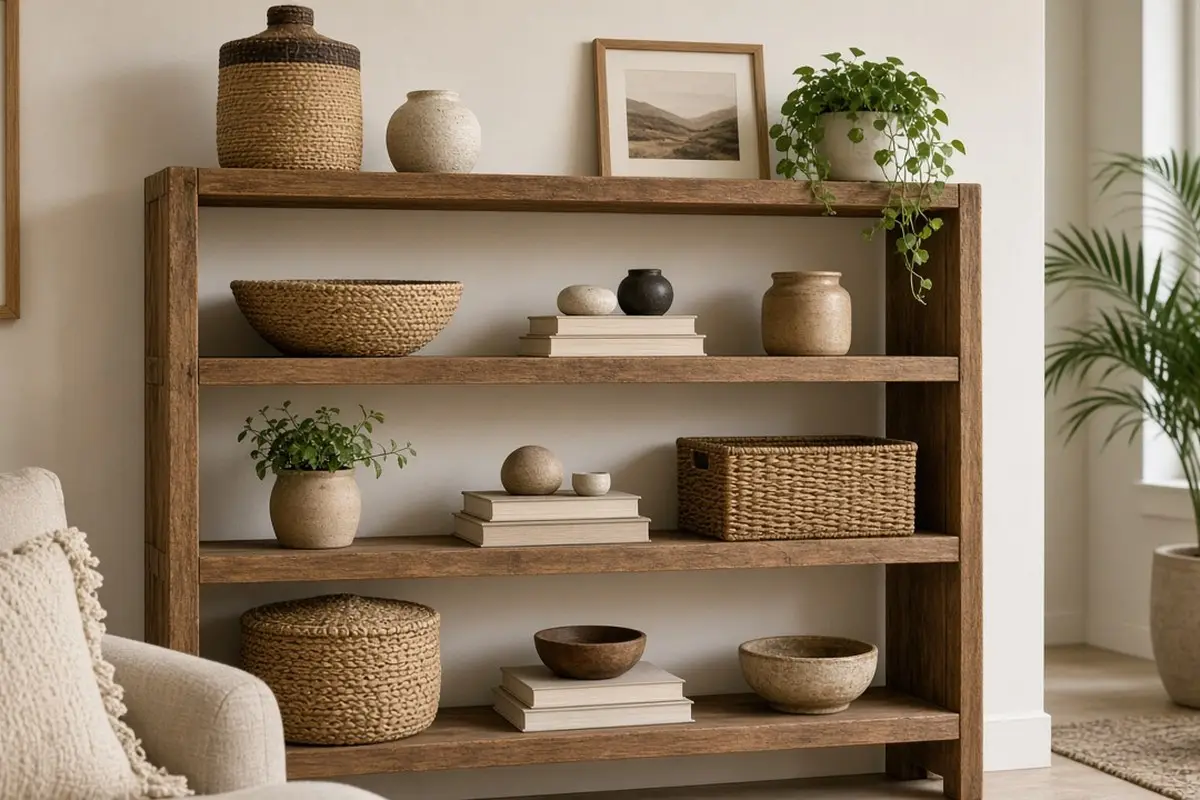 Open shelf with books, baskets, and small finds