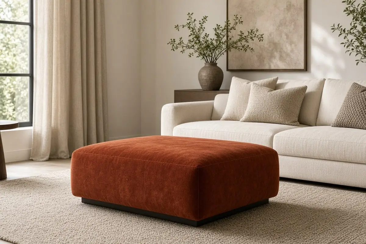 Rust velvet ottoman as the color accent in a neutral room