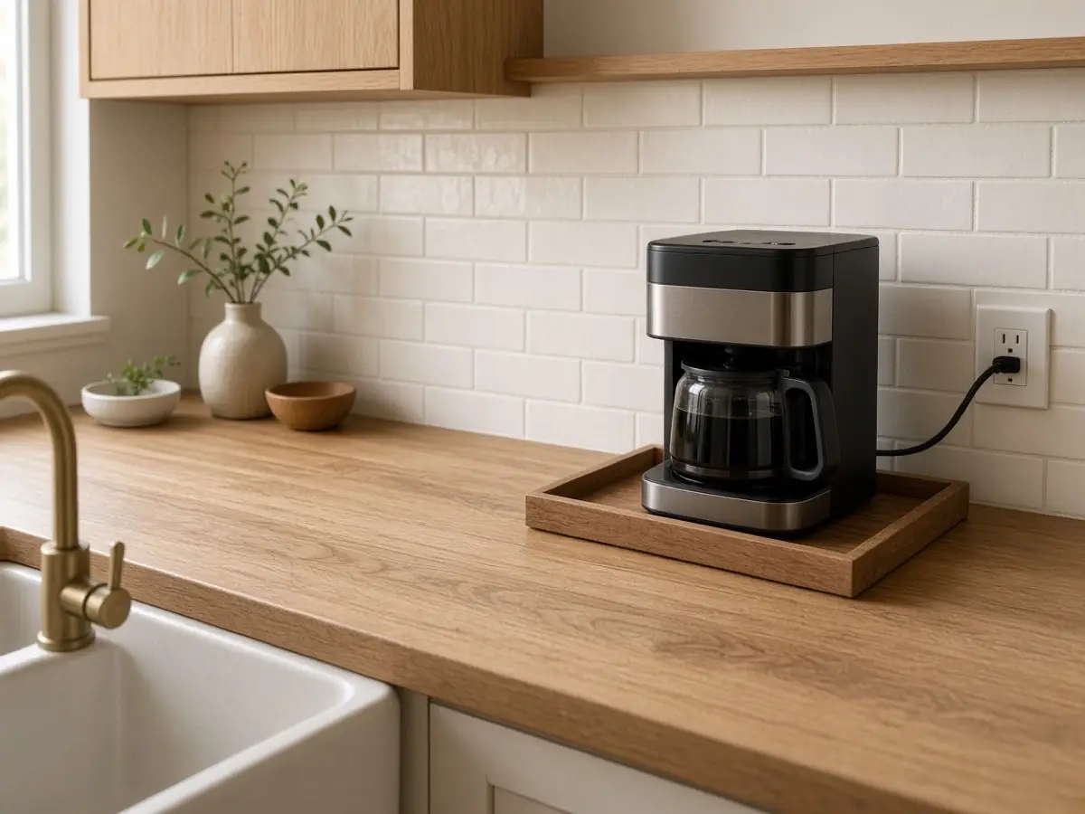 A coffee machine cord running along the backsplash to an outlet, not across the counter