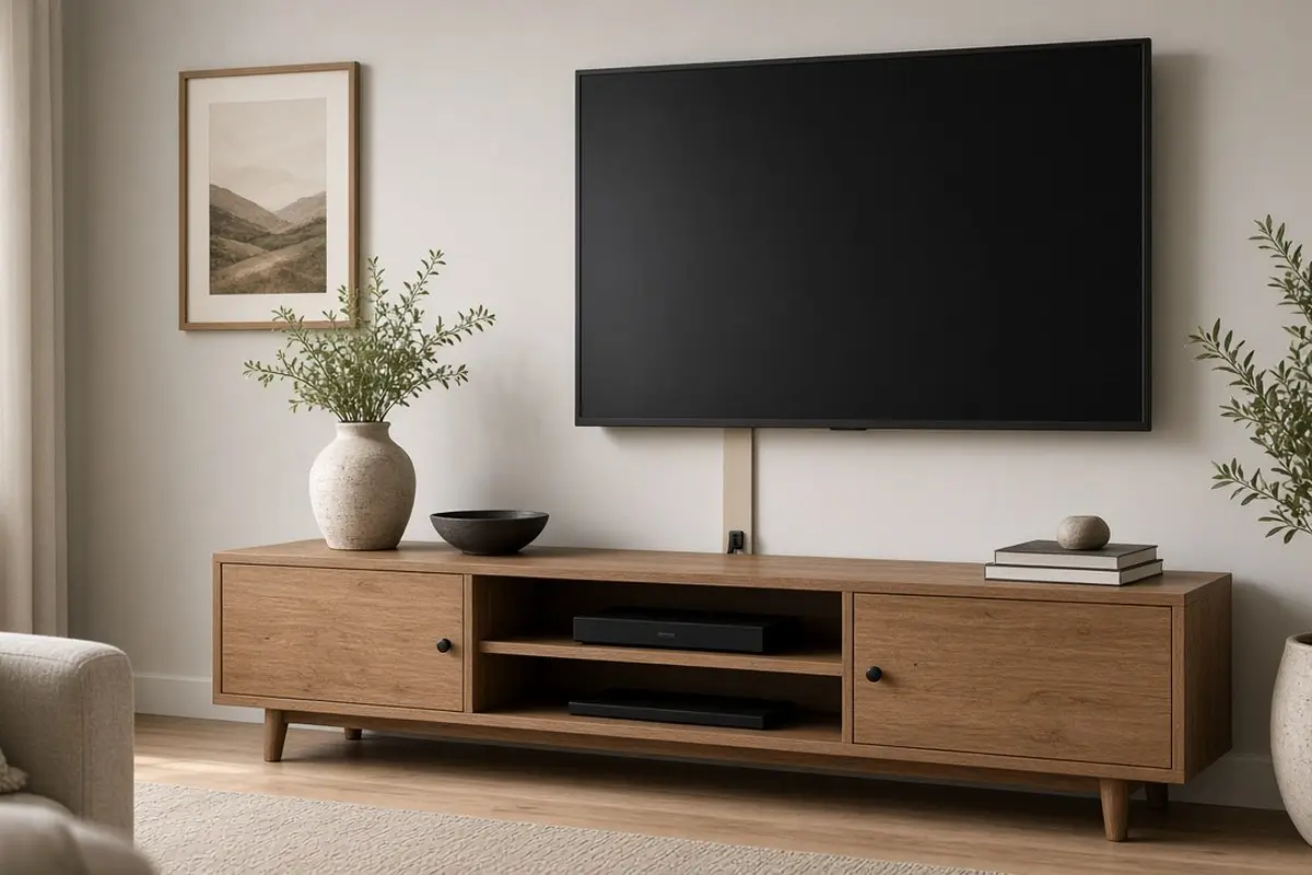 Media console with rear cable cutouts and a cord cover up the wall