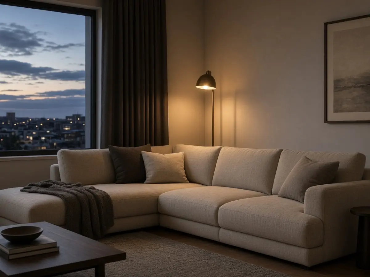 A floor lamp lighting the inner corner of a sectional at dusk