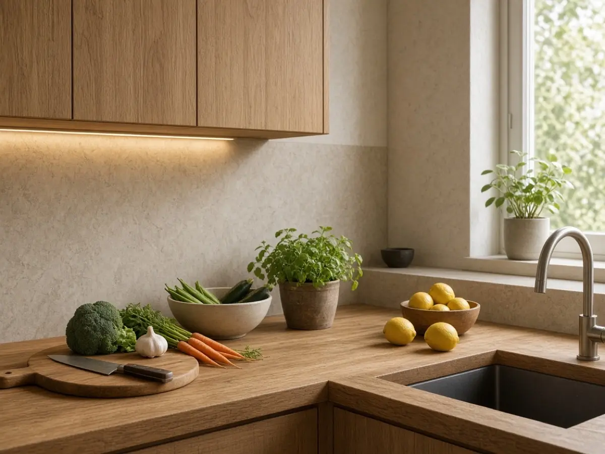A light under a cabinet shining onto a clear prep counter