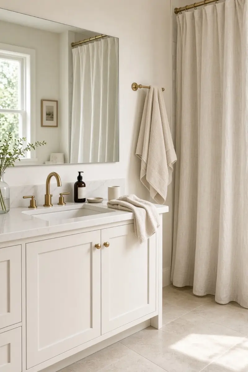 A small bright bathroom with a wide mirror, white vanity, and a pale linen curtain