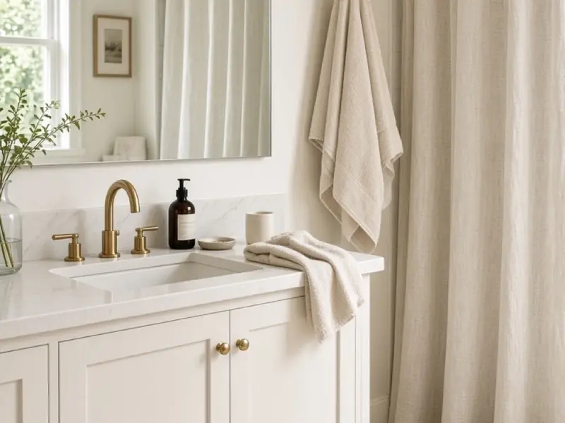 A small bright bathroom with a wide mirror, white vanity, and a pale linen curtain