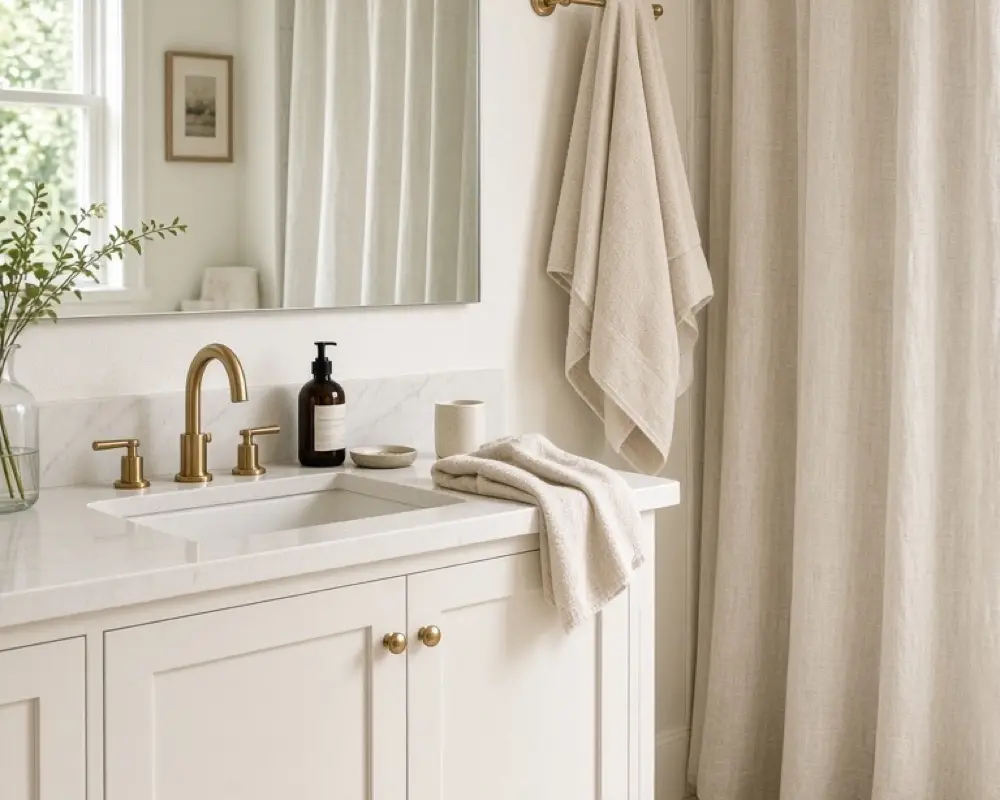 A small bright bathroom with a wide mirror, white vanity, and a pale linen curtain