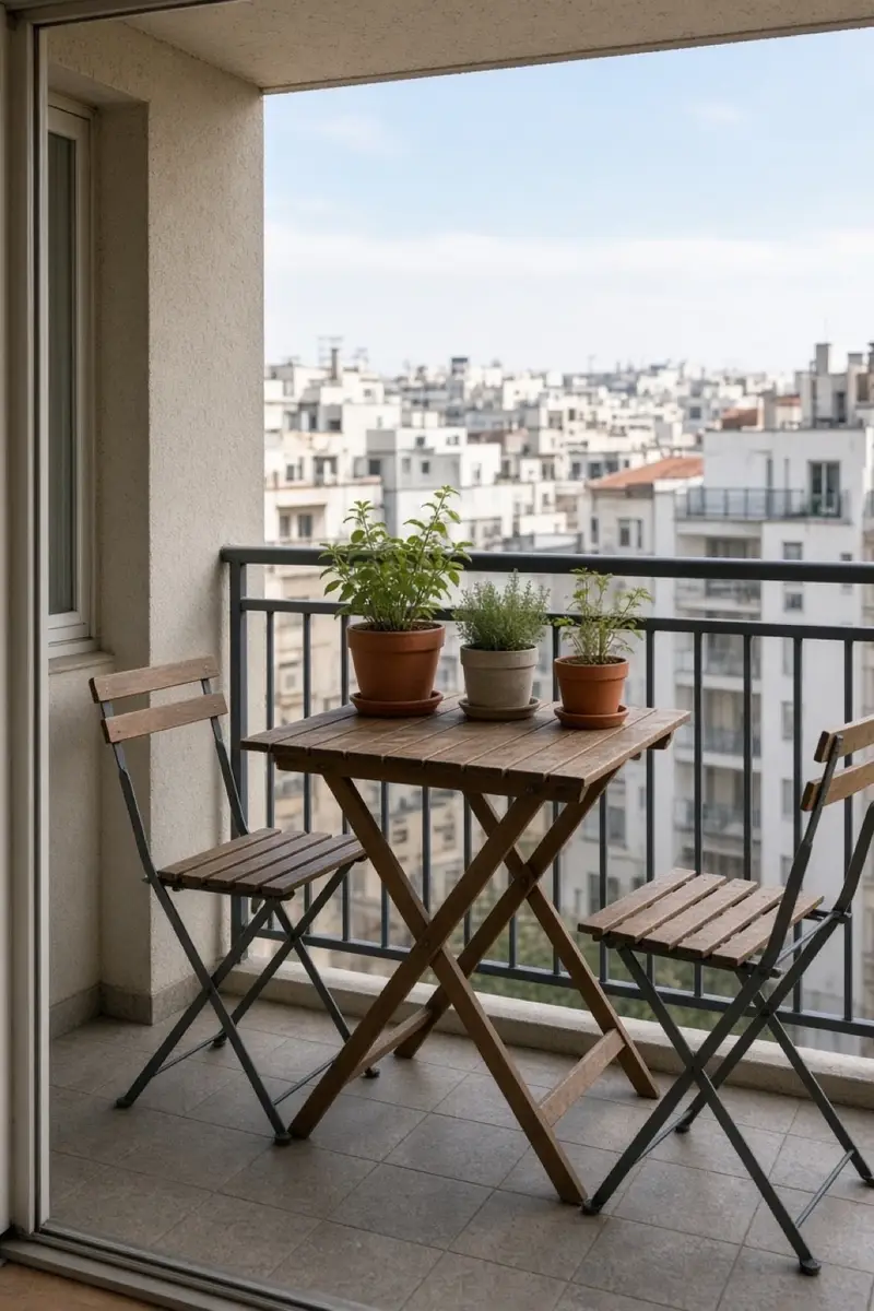 A small rental balcony with a folding table, two chairs, and pots in trays
