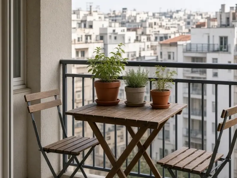 A small rental balcony with a folding table, two chairs, and pots in trays