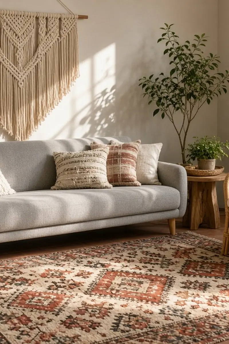 An illustrated boho living room with a gray sofa, layered rugs, rattan accents, and plants