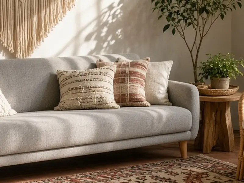 An illustrated boho living room with a gray sofa, layered rugs, rattan accents, and plants