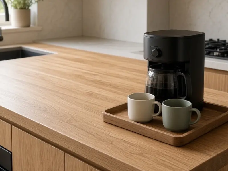 A kitchen coffee tray at the end of an oak counter, with a small machine and two mugs