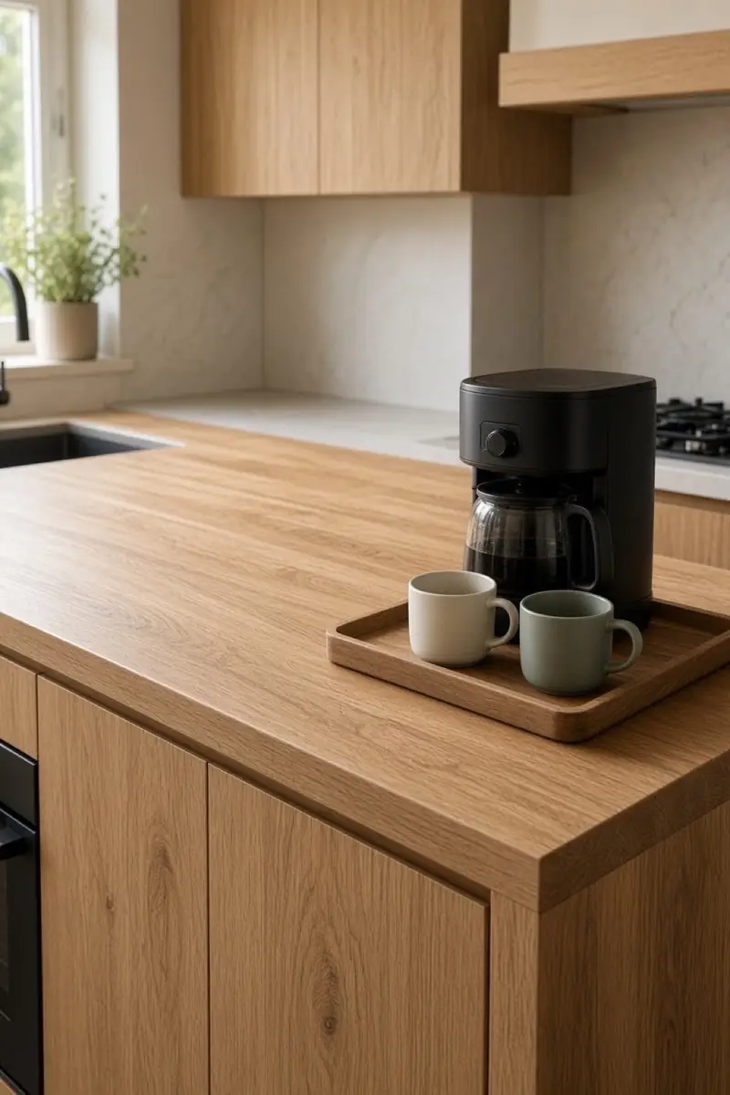 A kitchen coffee tray at the end of an oak counter, with a small machine and two mugs